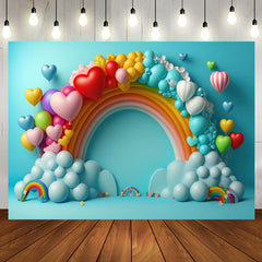 Aperturee - Blue Rainbow Heart Balloon Happy Birthday Backdrop