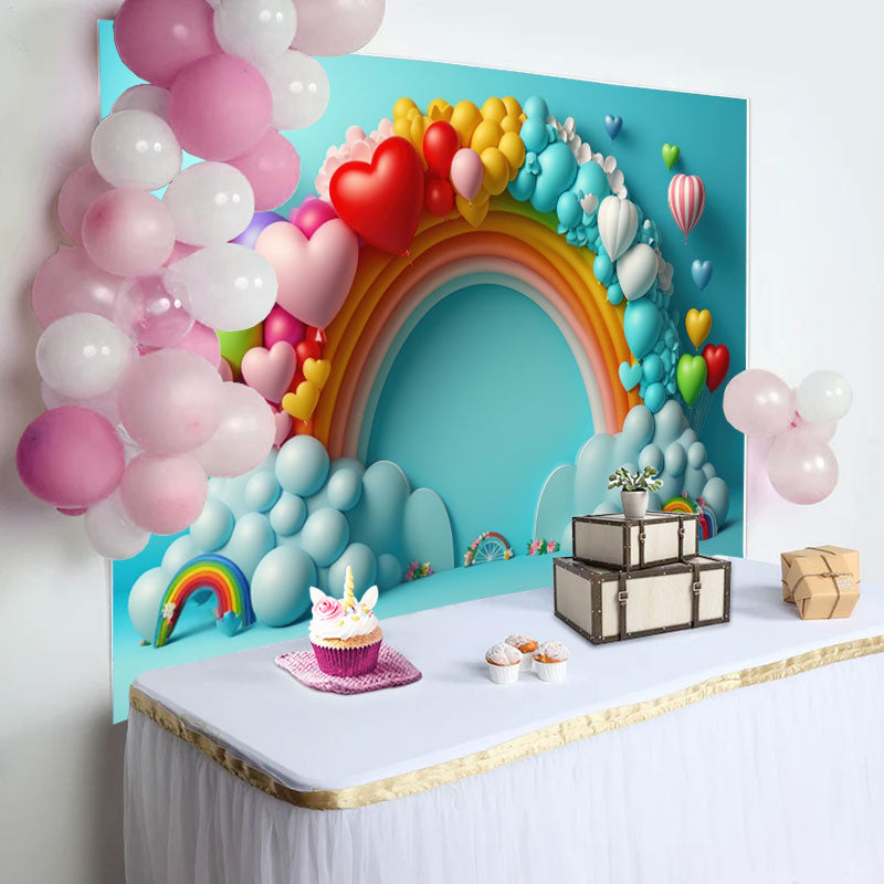 Aperturee - Blue Rainbow Heart Balloon Happy Birthday Backdrop