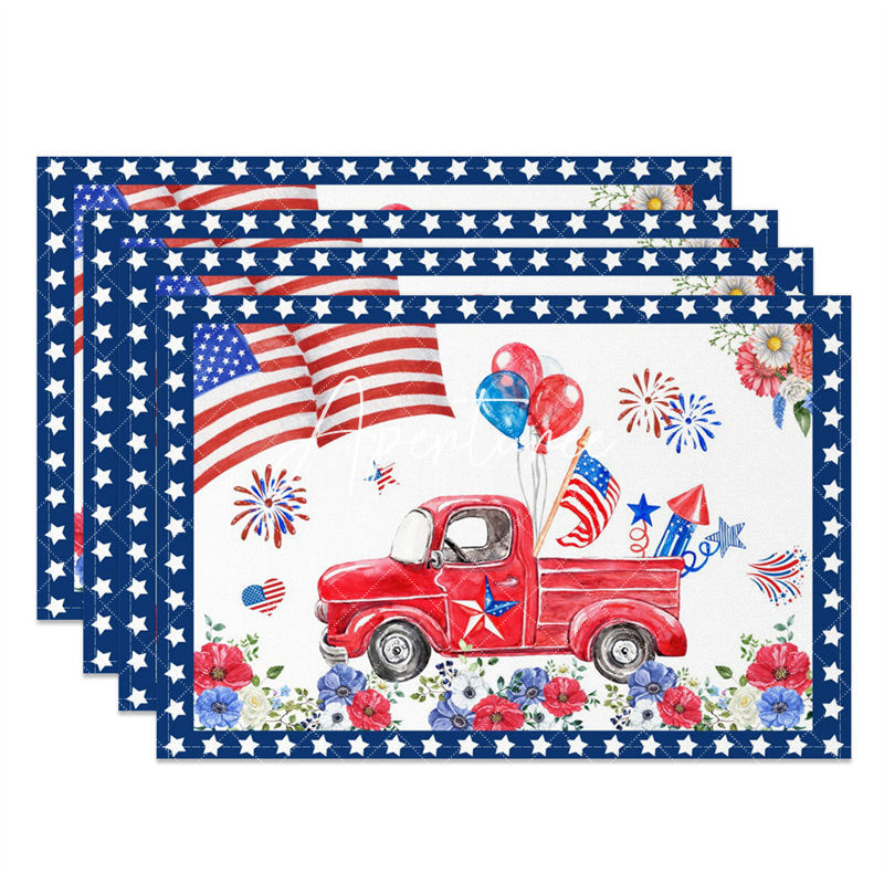 Aperturee - Blue Red Car Floral Flag Spark Set Of 4 Placemats