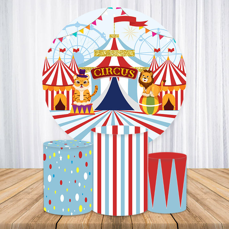 Aperturee Blue Red Stripes Circus Round Birthday Backdrop Kit