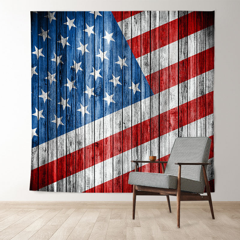 Aperturee - Blue Red USA Flags Wood Independence Day Backdrop