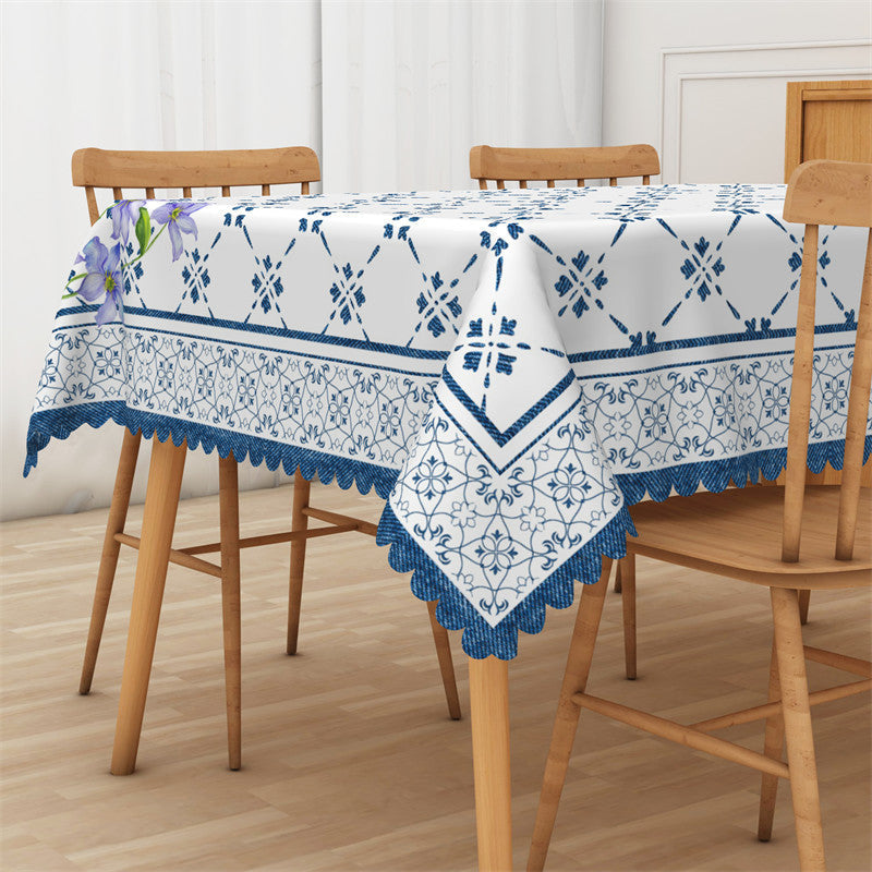 Aperturee - Blue Repeat Pattern Floral Rectangle Tablecloth