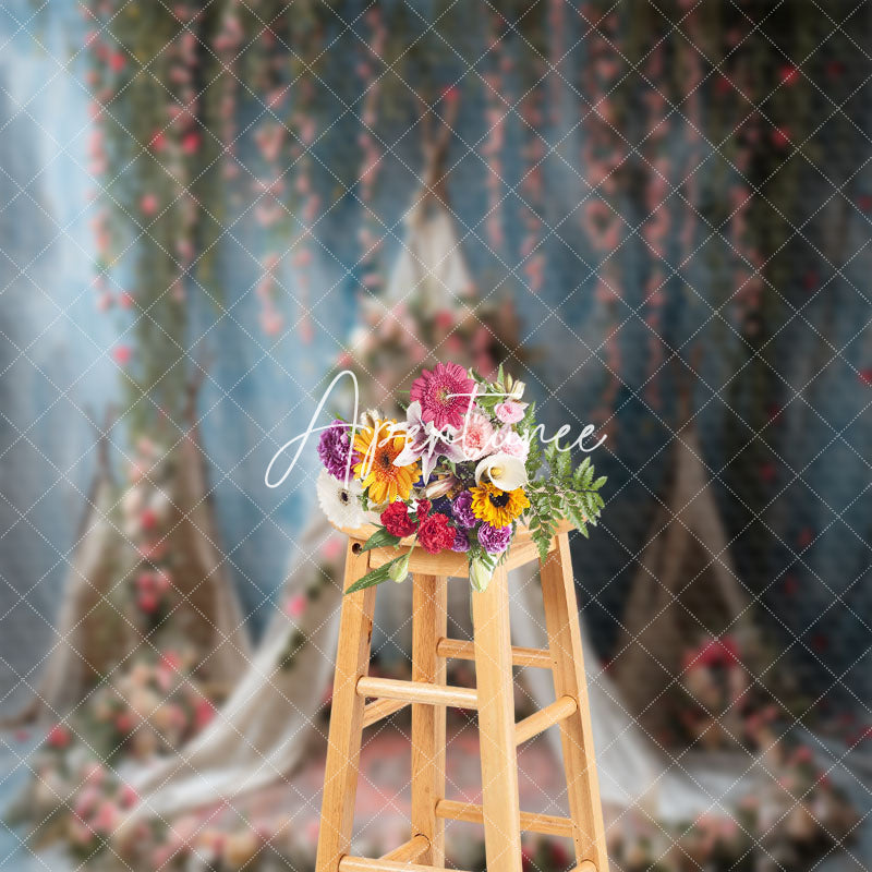 Aperturee - Blue Retro Wall Boho Tent Floral Wedding Backdrop