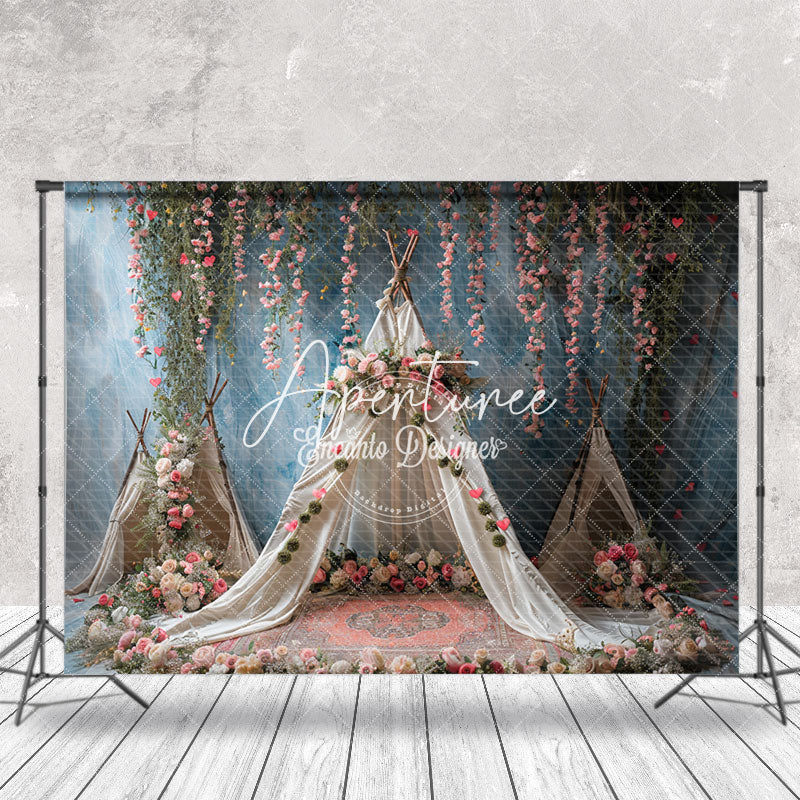 Aperturee - Blue Retro Wall Boho Tent Floral Wedding Backdrop