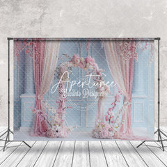 Aperturee - Blue Retro Wall Pink Curtain Floral Wedding Backdrop