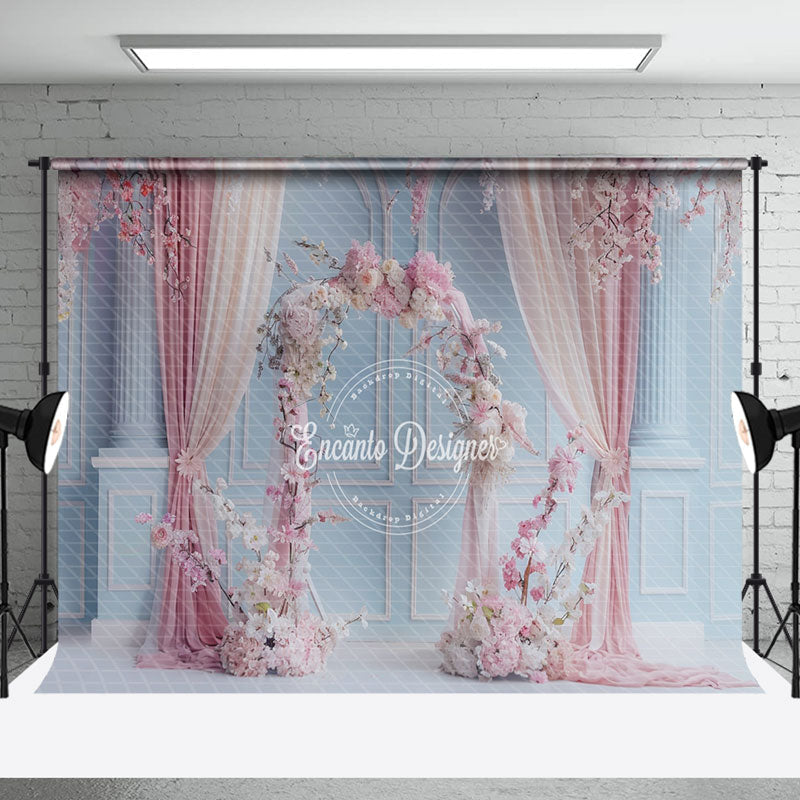 Aperturee - Blue Retro Wall Pink Curtain Floral Wedding Backdrop