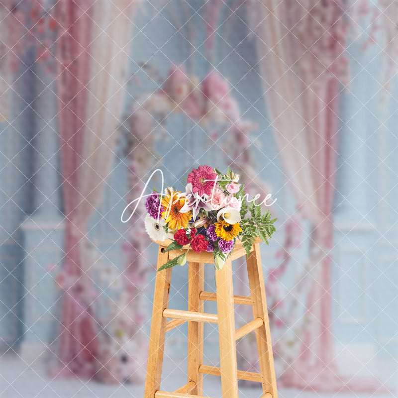 Aperturee - Blue Retro Wall Pink Curtain Floral Wedding Backdrop