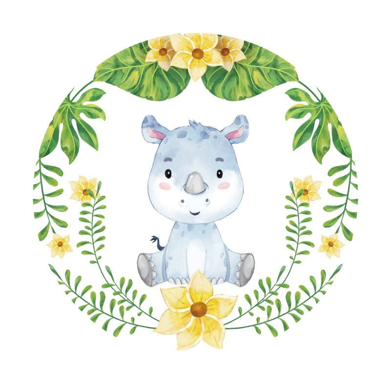 Aperturee - Blue Rhino And Floral Round Birthday Backdrop