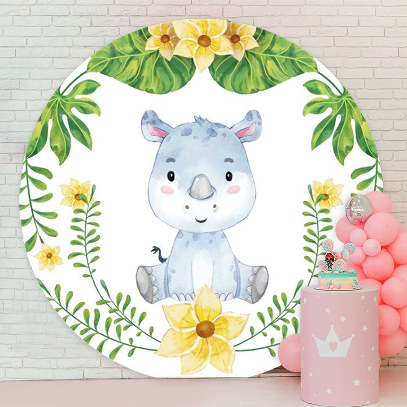 Aperturee - Blue Rhino And Floral Round Birthday Backdrop