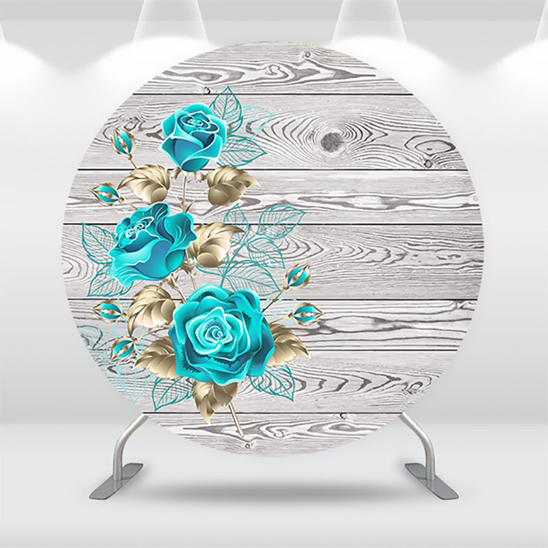 Aperturee - Blue Rose Wooden Texture Round Backdrop Kit For Girls