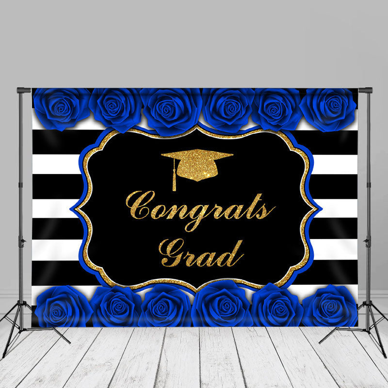 Aperturee - Blue Roses Stripe Congrats Grad Photo Booth Backdrop