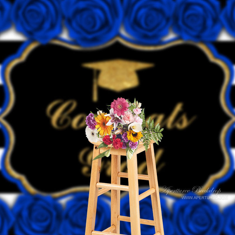 Aperturee - Blue Roses Stripe Congrats Grad Photo Booth Backdrop