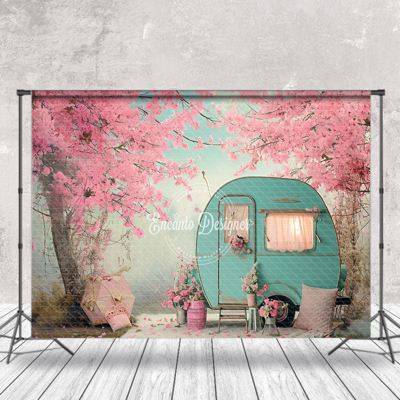 Aperturee - Blue RV Peach Trees Spring Backdrop For Photography