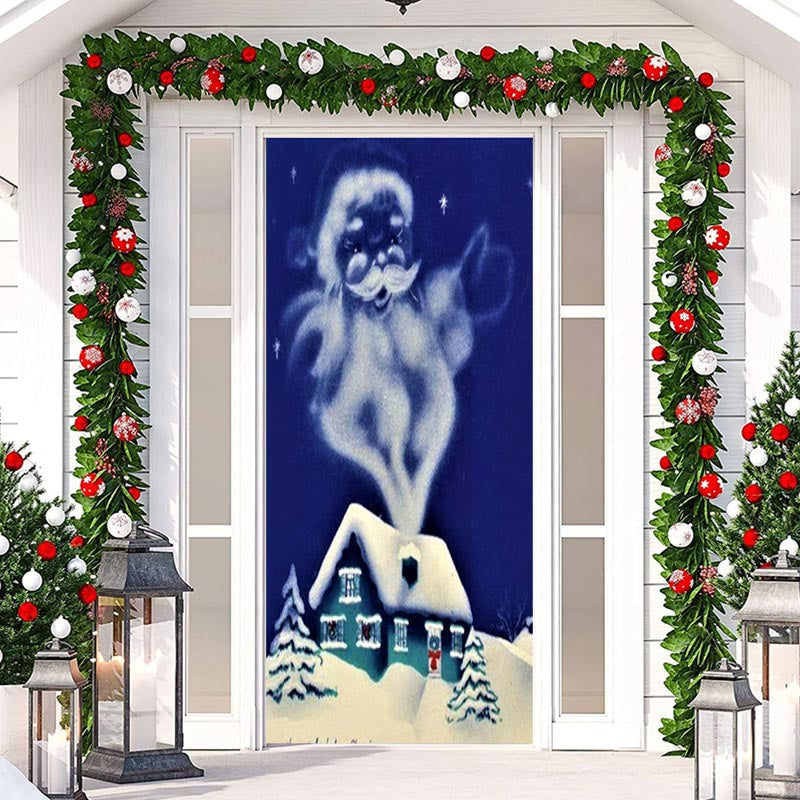 Aperturee - Blue Santa Claus Snowy Bokeh Christmas Door Cover