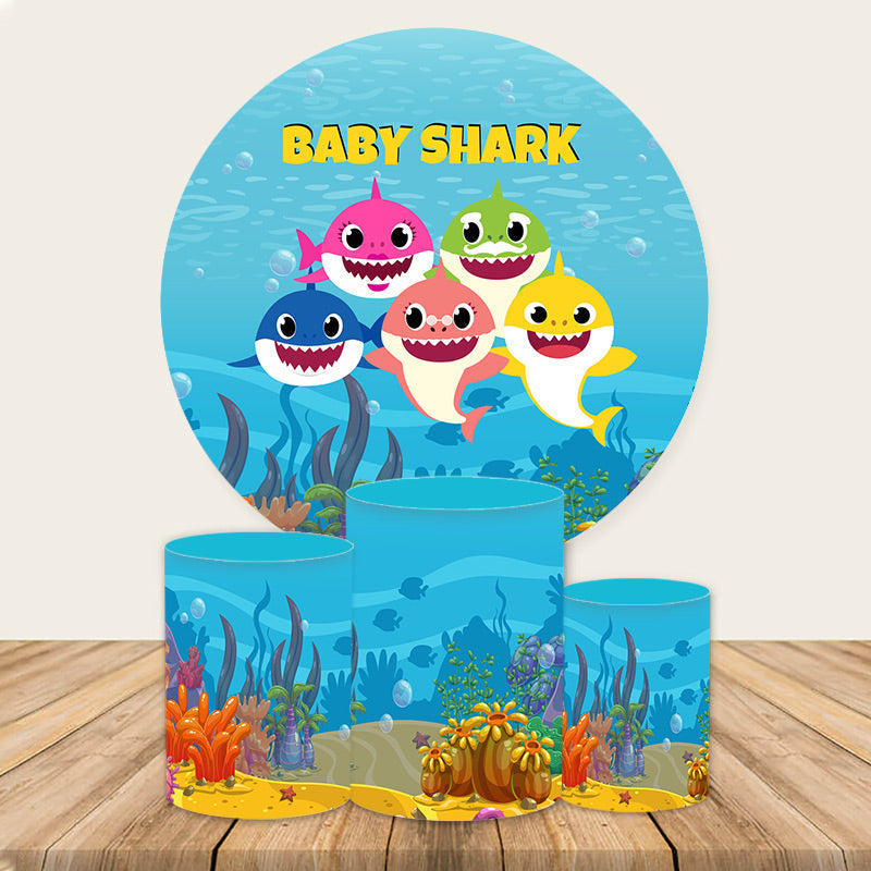 Aperturee Blue Sea And Cartoon Shark Round Baby Shower Backdrop Kit