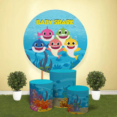 Aperturee - Blue Sea And Cartoon Shark Round Baby Shower Backdrop Kit