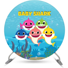 Aperturee - Blue Sea And Cartoon Shark Round Baby Shower Backdrop Kit