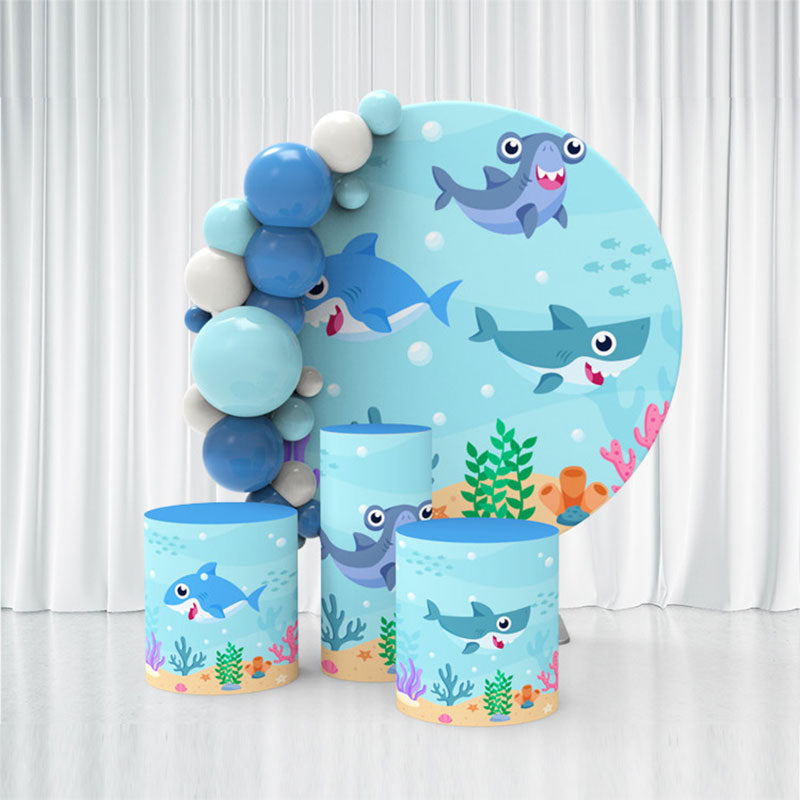 Aperturee Blue Sea Cartoon Shark Happy Birthday Backdrop Kit