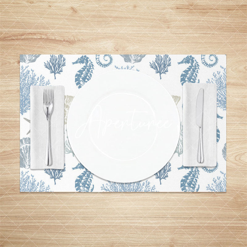 Aperturee - Blue Sea Life Coral Shell Repeat Set Of 4 Placemats