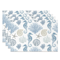 Aperturee - Blue Sea Life Coral Shell Repeat Set Of 4 Placemats