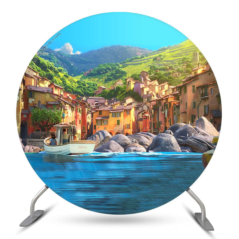 Aperturee Blue Sea Peaceful Town Mountain Round Luca Backdrop