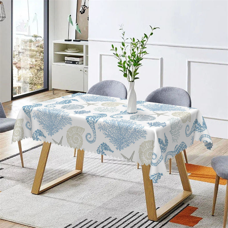 Aperturee - Blue Seahorse Coral Conch Prints Rectangle Tablecloth