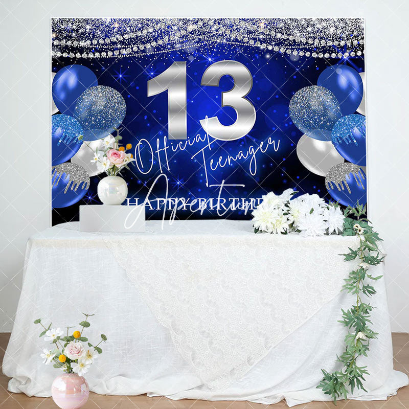 Aperturee - Blue Silver Balloon Glitter 13th Birthday Backdrop