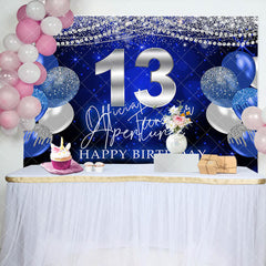 Aperturee - Blue Silver Balloon Glitter 13th Birthday Backdrop