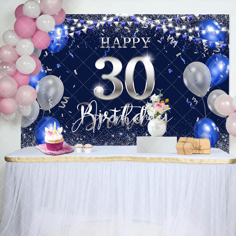 Aperturee - Blue Silver Balloon Glitter 30th Birthday Backdrop