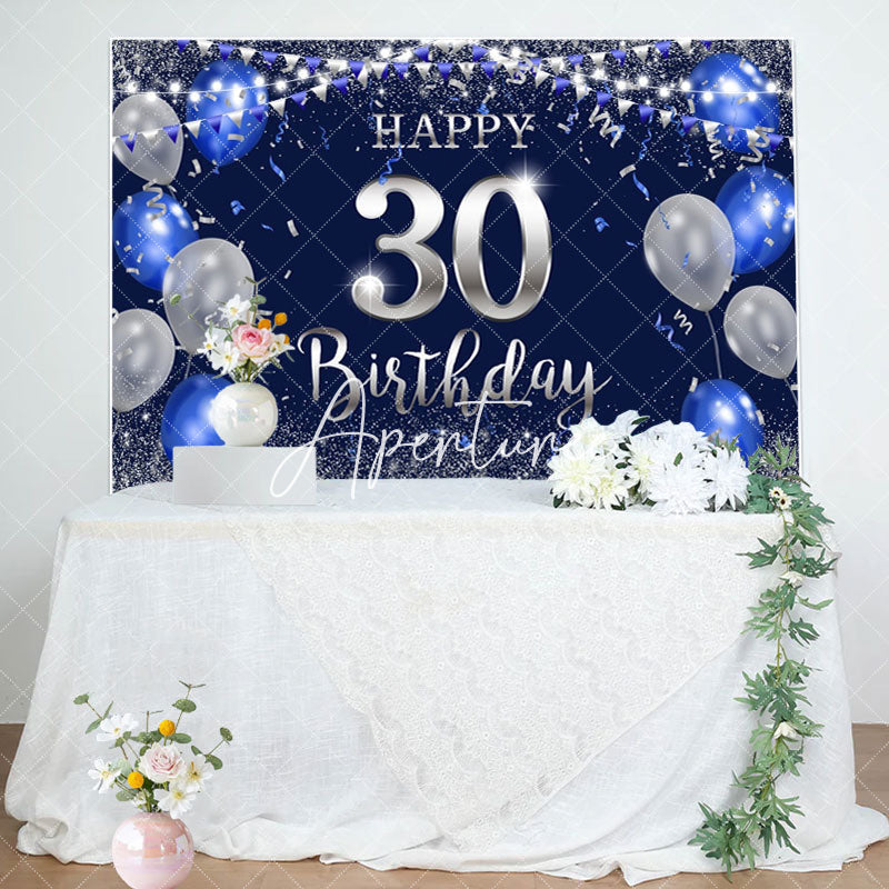 Aperturee - Blue Silver Balloon Glitter 30th Birthday Backdrop