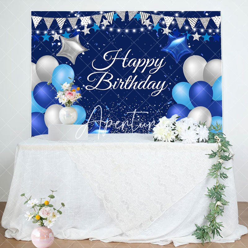 Aperturee - Blue Silver Balloon Happy Birthday Backdrop