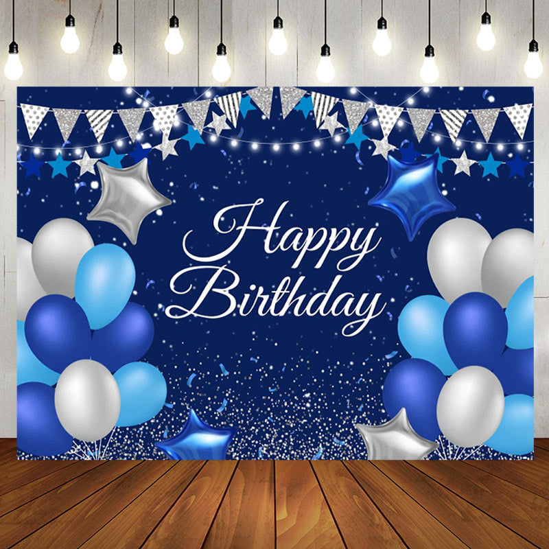 Aperturee - Blue Silver Balloon Happy Birthday Backdrop