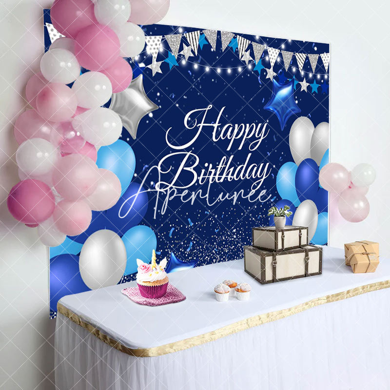 Aperturee - Blue Silver Balloon Happy Birthday Backdrop