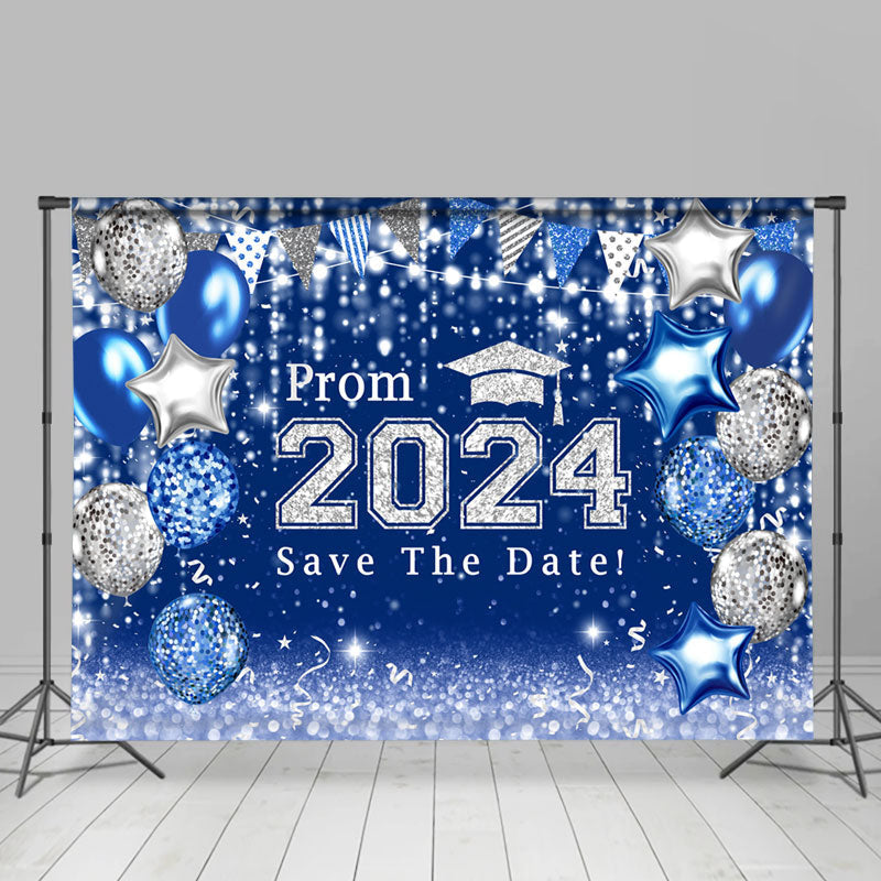 Aperturee - Blue Silver Balloons Bokeh Graduation Prom Backdrop