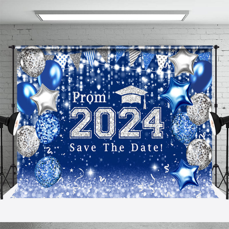 Aperturee - Blue Silver Balloons Bokeh Graduation Prom Backdrop