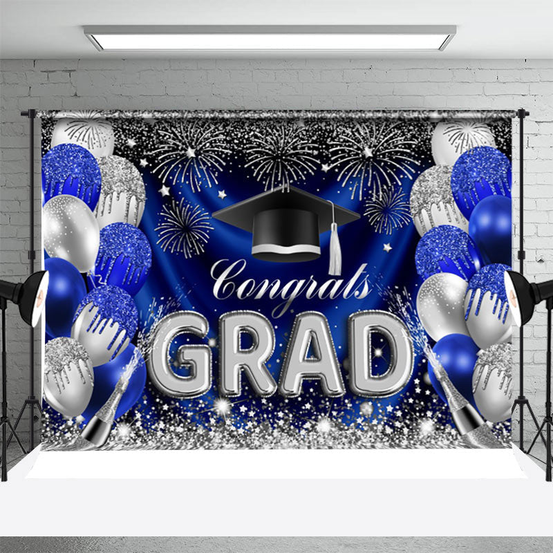 Aperturee - Blue Silver Balloons Sparkle Backdrop For Graduation