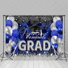 Aperturee - Blue Silver Balloons Sparkle Backdrop For Graduation