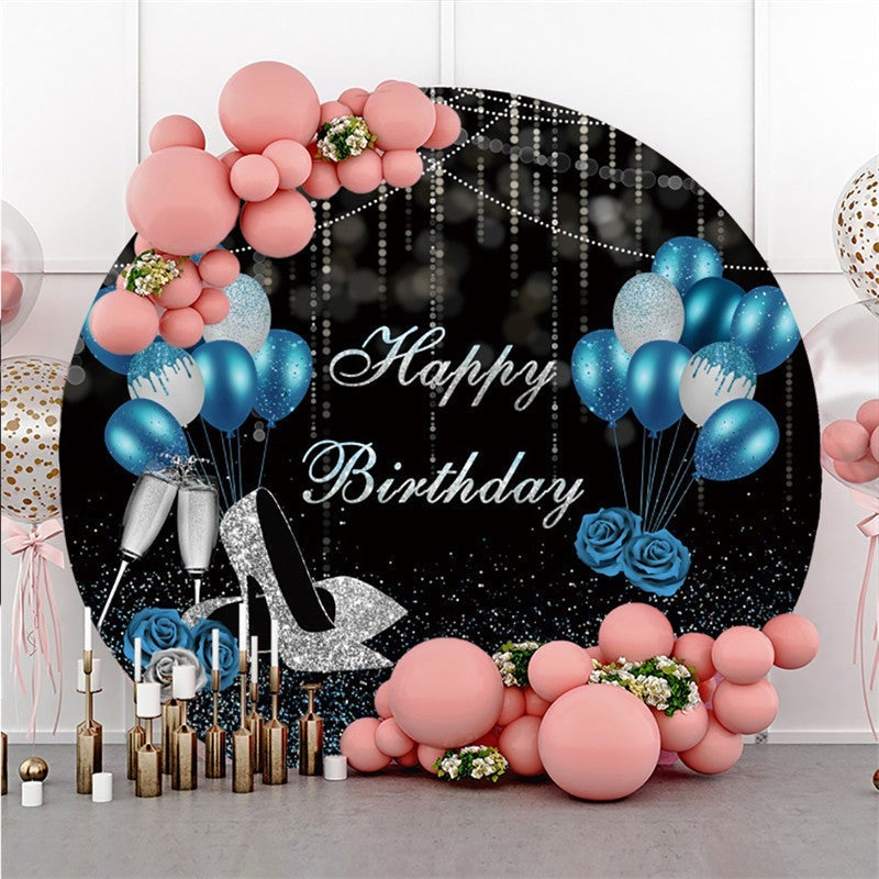 Aperturee Blue Silver Black Balloon Round Happy Birthday Backdrop