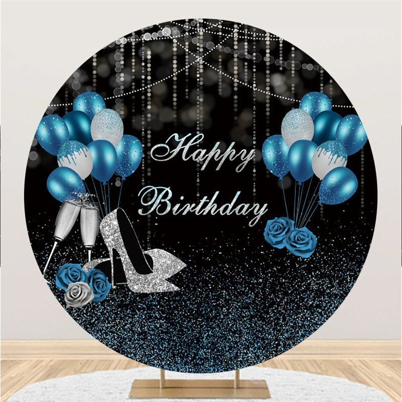 Aperturee Blue Silver Black Balloon Round Happy Birthday Backdrop