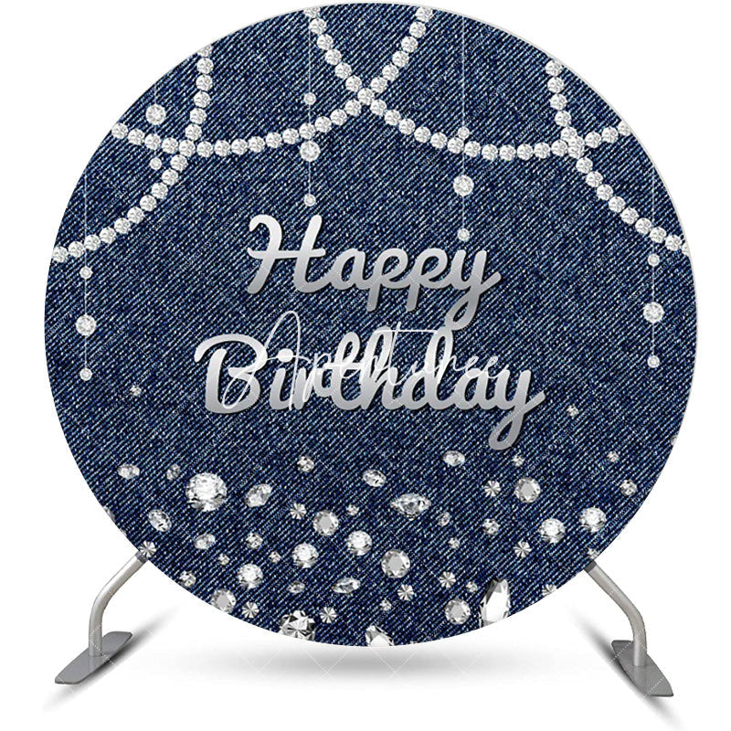 Aperturee - Blue Silver Diamond Denim Round Birthday Backdrop