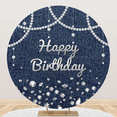 Aperturee - Blue Silver Diamond Denim Round Birthday Backdrop