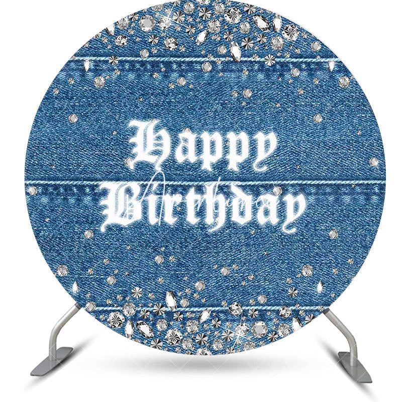 Aperturee - Blue Silver Diamonds Denim Round Birthday Backdrop