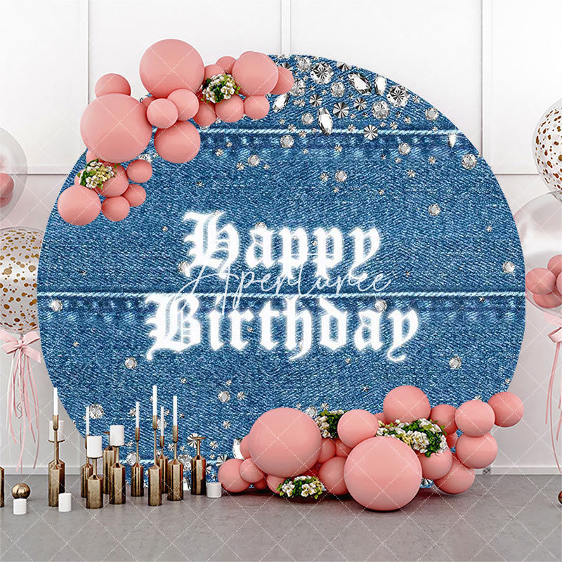 Aperturee - Blue Silver Diamonds Denim Round Birthday Backdrop