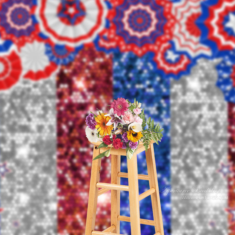 Aperturee - Blue Silver Red Glitter Independence Day Backdrop