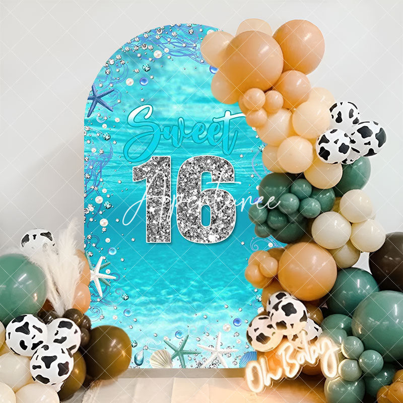 Aperturee - Blue Silver Seabed Sweet 16th Birthday Arch Backdrop