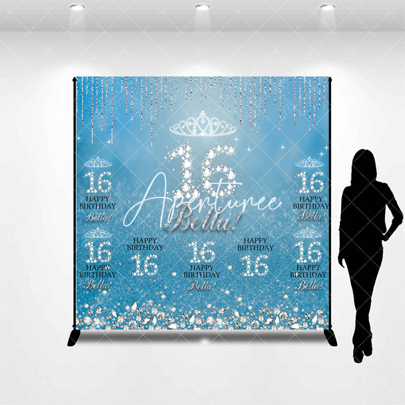 Aperturee - Blue Silver Sparkle Custom 16th Birthday Backdrop