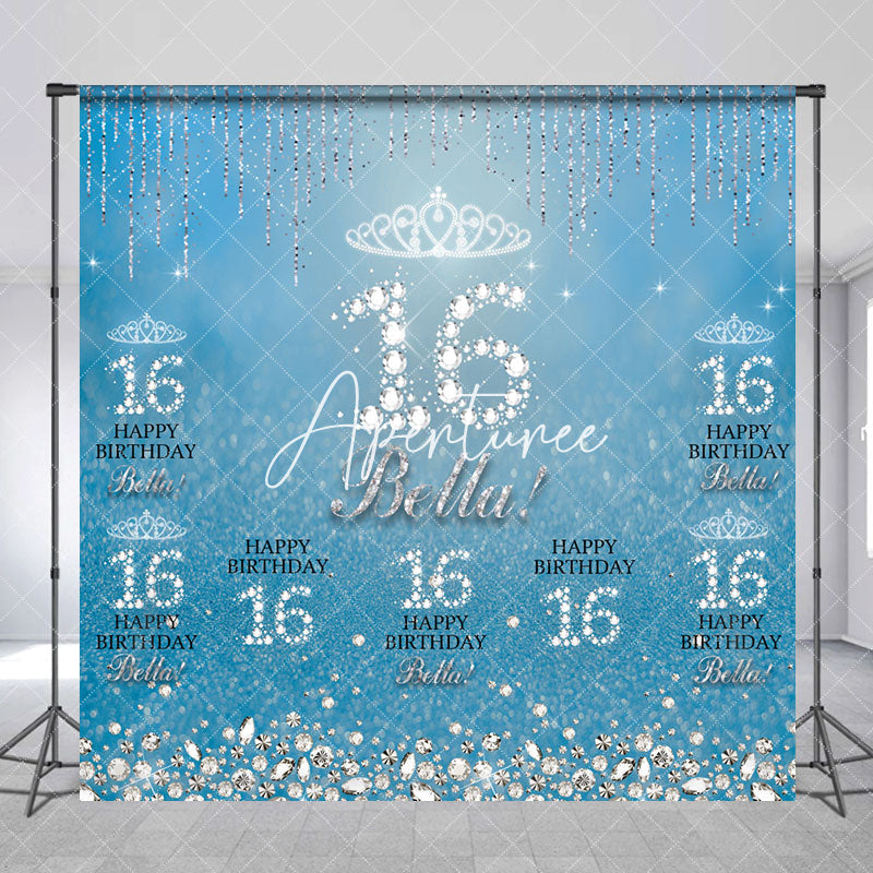 Aperturee - Blue Silver Sparkle Custom 16th Birthday Backdrop