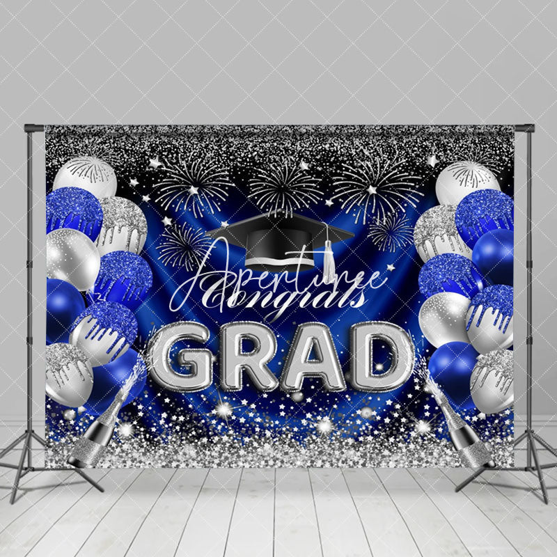 Aperturee - Blue Silver Sparkling Balloon Graduation Backdrop