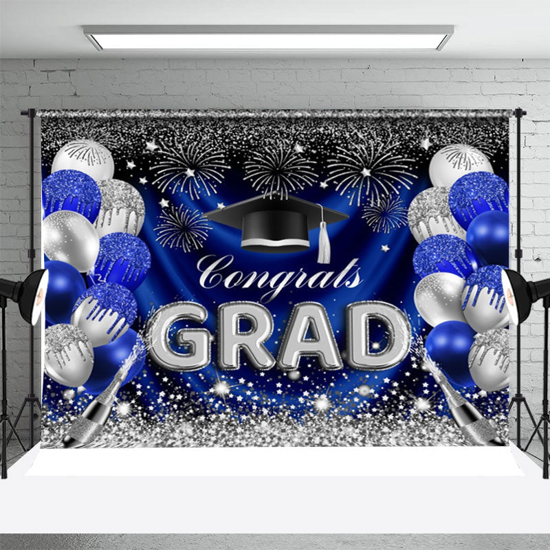 Aperturee - Blue Silver Sparkling Balloon Graduation Backdrop