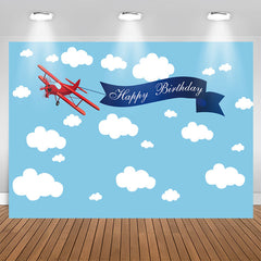 Aperturee - Blue Sky and Cloud Red Plane Happy Birthday Backdrop